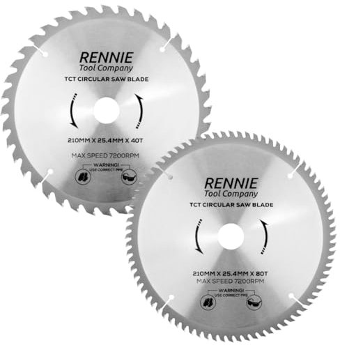 Rennie Tools 2 Pack - 210mm x 40T & 80T x 25.4mm Bore TCT Circular Wood Saw Blades Fits Evolution Saws & Evolution Rage Saws. 210mm Saw Blades 25.4mm Bore With 40 Teeth And 80 Teeth
