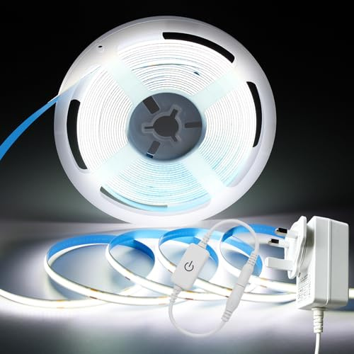 ShineBurky Striscia LED COB 10 Metri Bianco Freddo, 24V Luci LED 10M Striscia Luminoso Strisce LED Flessibile per Interno Esterno Cucina Natale Camera da Letto Decorazione (con Adattatore)