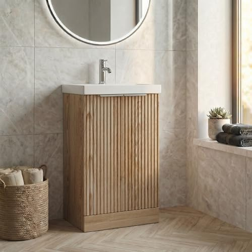 BAYSTONE® Fluted 500mm Bathroom Vanity Unit Ceramic Wash Sink, Cloakroom Storage Furniture Under Basin Cabinet Floorstanding Cupboard, Wood