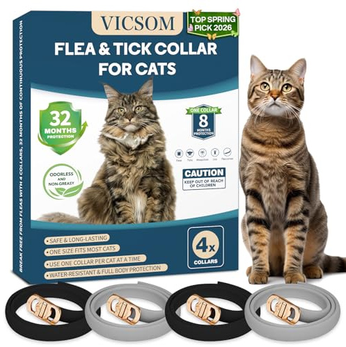 VICSOM 4 Pack Flea and Tick Collar for Cats, 32 Months Treatment Prevention, Waterproof Adjustable Kitten Collar, Black Grey
