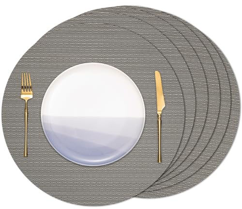 Banchif Platzsets abwaschbar Tischsets abwaschbar Rund 38 cm Platzdeckchen | Platzsets abwaschbar 6er Set Platzdeckchen PVC Rund rutschfest Tischsets abwischbar gewebte Vinyl (Grau)