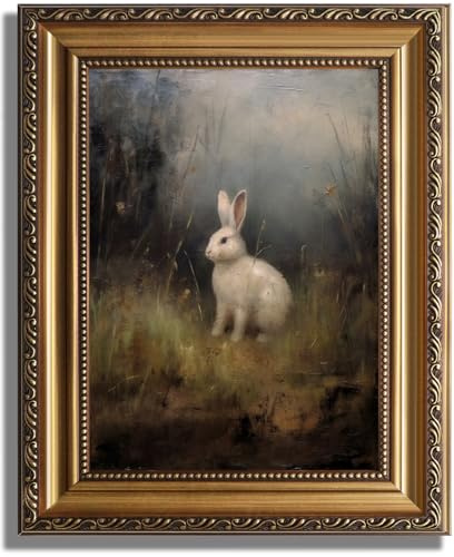 KBKBART Vintage Framed Wall Art for Living Room, Dark Academia Decor Wild Hare Rabbit Vintage Oil Painting, Retro Animal Bunny Canvas Art Prints Wall Decor for Dark Aesthetic, Gold Framed Artwork, 9x12