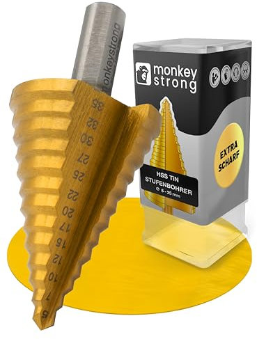 Stufenbohrer [Ø 5-35 mm] aus HSS Stahl mit TiN Beschichtung | Kegelbohrer mit 13 Stufen | Schälbohrer für Baustahl, Eisen, NE Metall, Holz und Kunststoff von monkeystrong