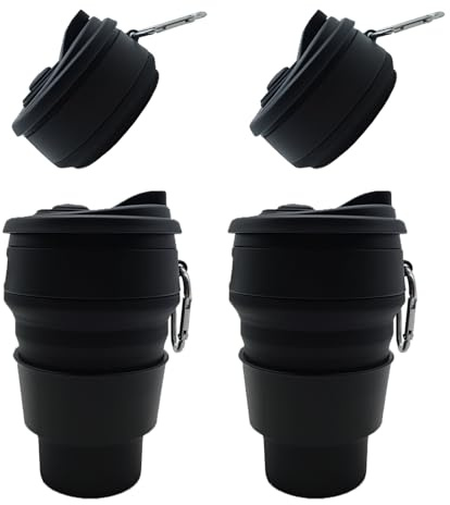 2 Stück Kaffeebecher Faltbarer Becher 350 ml Faltbare Tasse Silikon Tragbares Faltbecher Silikon mit Deckel Wiederverwendbares Faltbarer Becher für Picknick, Camping, Wandern, Reisen (Schwarz)