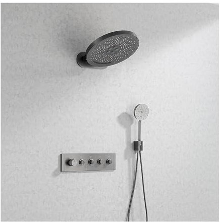 SWHC Duschsystem Mit Thermostat, Unterputz-Duschset Grau Mit 3-Funktions-Duschkopf (Regen, Blasen, Wasserfälle) Und Handbrause, Duscharmatur Komplettset, Duschgarnitur, Versteckte Duschsäule