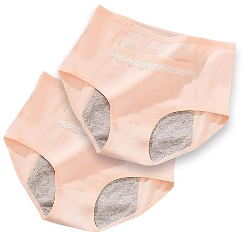 JYC CREATIVE 2 Bragas Menstruales de Algodón, Braga Faja para la Menstruación, Bragas Postparto, Bragas para Perdidas de Orina, Bragas Ecológicas Lavables Reutilizables (M, 2ud, Beige)