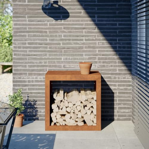 Homgoday Brennholzregal Kaminholzregal Metall Brennholzregal Außen, Feuerholzregal Holzunterstand Holzlager Brennholzlager Holzlager Kaminholzständer 60x40x60 cm Cortenstahl