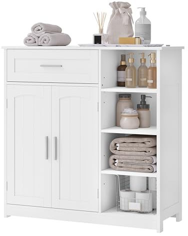 EUGAD Badezimmerschrank, Badschrank schmal, Aufbewahrungsschrank mit 1 Schublade, 2 Türen, verstellbaren Ablagen, Bad Schrank stehend, Kommode Badezimmer, 80x80,5x30 cm, Weiß