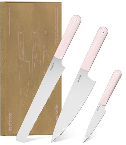 CIARRA Set di Coltelli da Cucina 3 Pezzi, Coltello da Chef, Coltello da Pane, Coltello Multiuso, Manico Ergonomico, Acciaio Inossidabile ad Alto Tenore di Carbonio, Rosa