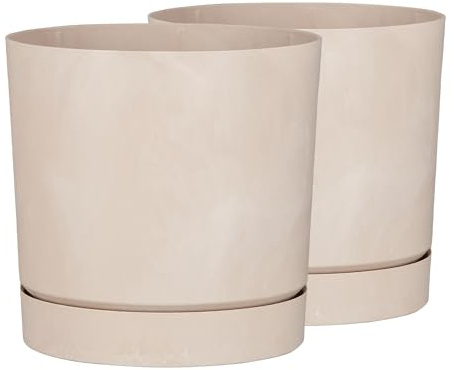 Tymar Macetero con Plato, Pack de 2, Macetero Decorativo de Plástico, Forma Redonda Moderna, para Interiores (Ø 35 cm, (2pack) BETO Crema)