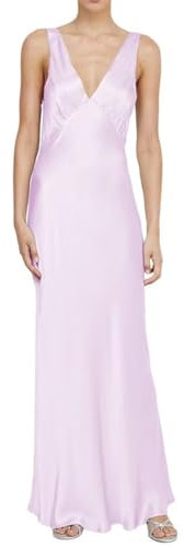 WSEYU Vestido largo de verano con cuello en V, para invitada de boda, simple, elegante, formal, acampanado, sin espalda, vestidos de compromiso, Lila, 50 Grande