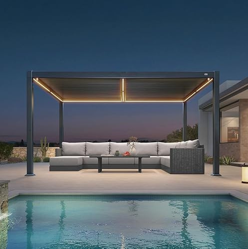 PURPLE LEAF - Pergola bioclimática de aluminio 3 x 4,25 m, carpa impermeable con cuchillas orientables y LED, pérgola exterior para terraza y cochera