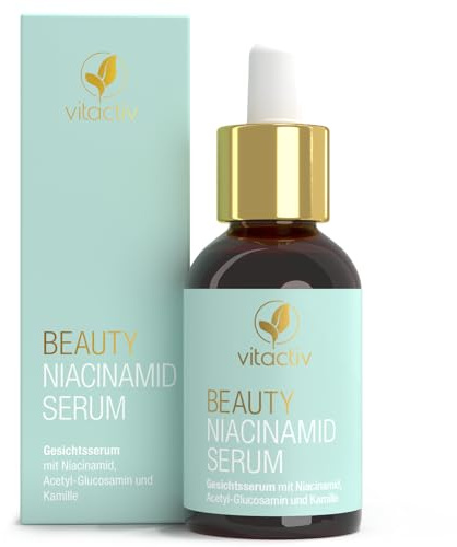 Vitactiv BEAUTY NIACINAMID SERUM - 30ml Gesichtsserum, 2% Niacinamide - Hautpflege unreine Haut, Poren verkleinern - Mit Kamille, Wassernabel, Süßholzwurzel, Acetyl Glucosamin - Vegan, Parfümfrei | Hyaluron. Niacin: normale psychische Funktion