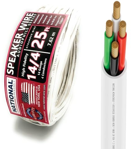 NATIONAL Wire&Cable - 14/4 Audiophile Speaker Wire (25 Feet) 14AWG Gauge - Made in USA - in Wall Audio Speaker Wire Cable/CL Rated/ETL Listed / 2 Conductors - OFC Oxygen-Free Copper, White 25ft