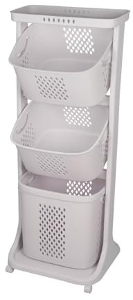 WODFARR Panier à Linge Mobile 3 Niveaux, Corbeille à Linge Sale, Rangement 3 Compartiments, Amovibles, 44x33x110 cm