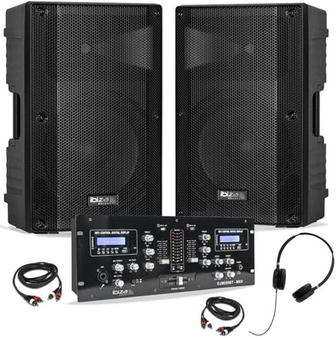 Ibiza - DJ Ibiza 2 Aktiv-Lautsprecher XTK15A-MKII 15 Zoll 600 W – Mischpult Bluetooth DJM250BT-MKII USB – Kopfhörer – Kabel – Abend