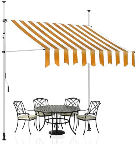 Manuell einziehbare Markise, 3 x 1,2 m große Terrassenmarkise für den Außenbereich, verstellbare Pergola-Sonnenschutzabdeckung mit Handkurbel, Außenüberdachung für Fenster oder Türen,Yellow-stripes