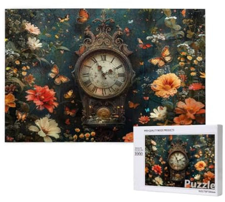 Puzzle 1000 Teile Erwachsene, Uhr Puzzle Blume Muster Design, Groß Holz Jigsaw 75x50cm Size mit Geschenkboxverpackung for Wanddeko Wohnzimmer, Geschenke für Frauen, Geschenke für Männer,Model1551