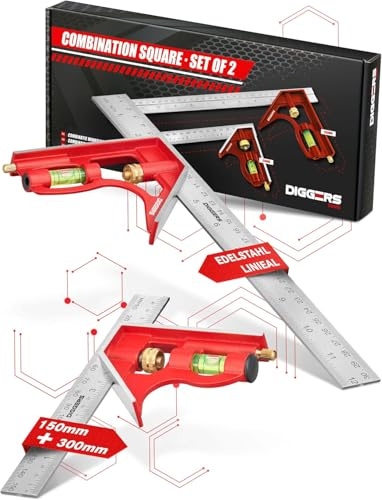 DIGGERS 2-Piece Combination Square Set • 150 mm & 300 mm Metric Rulers • Spirit Level, 45°/90° Angles • Precision Marking & Layout Tool