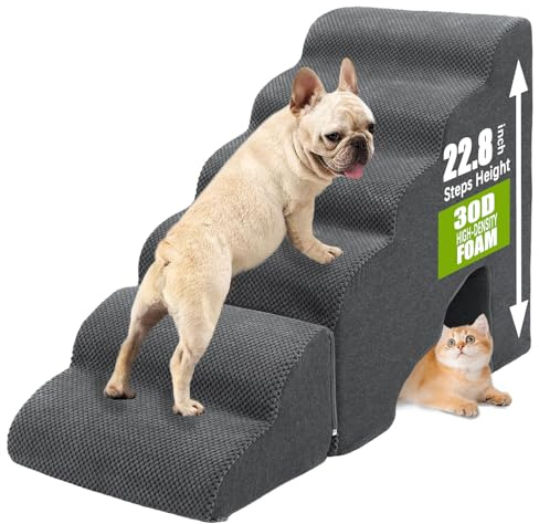 Dog Stairs&Steps for High Beds 58cm/23'' Tall, 6-Step Dog Ramp for Small Medium Dogs with Washable Cover, Non-Slip Steps for Cats to Get on Couch and Sofa, Durable 30D Density Foam Pet Ladder, Grey
