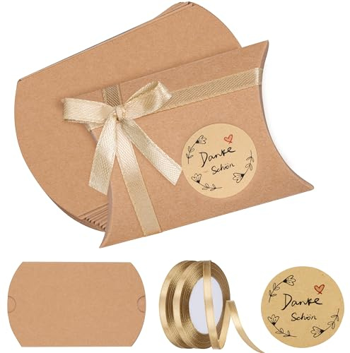 Foshird 50 Stück Kissen Geschenkboxen Kraftpapier mit Danke Aufkleber Satinband Gold - Gastgeschenke Taufe Dankeschön Geschenke Klein Geschenkschachtel Kissenschachtel