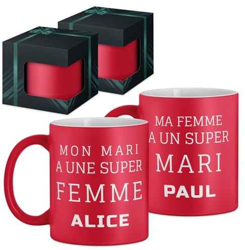 Maverton 2x Tasse Personnalisable, Ensemble de Mugs Café pour couple | Monsieur et Madame, Personnalisé, Cadeau Mariage, Cadeau Couple, Tasse à Café 330ml avec coffret cadeau, rouge mat, prénoms