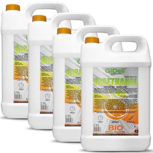 GiDeli Bioetanol 4 x 5 l de aroma naranja 96,6% etanol para chimeneas interiores y exteriores, sin humo ni hollín, de maíz y remolacha azucarera