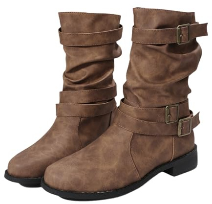 Bottes mi-mollet pour femmes, largeur large, design plissé, talon bas, avec boucles décoratives, bottes motardes, bottes militaires classiques, bottines à bout rond, confortables (marron,39)