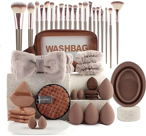 42-teiliges professionelles Schminkpinsel Set mit Schwämmen, Schminktasche | mit Schwämmen, professionell, mit Reinigungspad, Schminktasche und Haarband