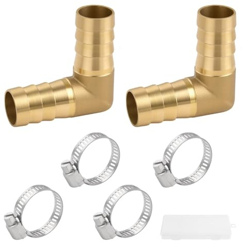 LEONTOOL - Kit de 2 accesorios de codo de 90°, latón de 5/8, con 4 abrazaderas inox, empalme Angled de púas para manguera resistente a las fugas para combustible, aire, agua, aceite (16 mm)