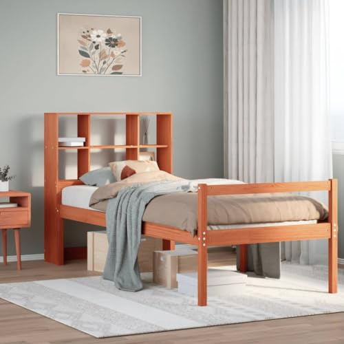 Ordellia Massiv träsäng med hylla, vaxbrun, 75 x 190 cm, furu massivt trä sängram, plattformssäng för sovrum