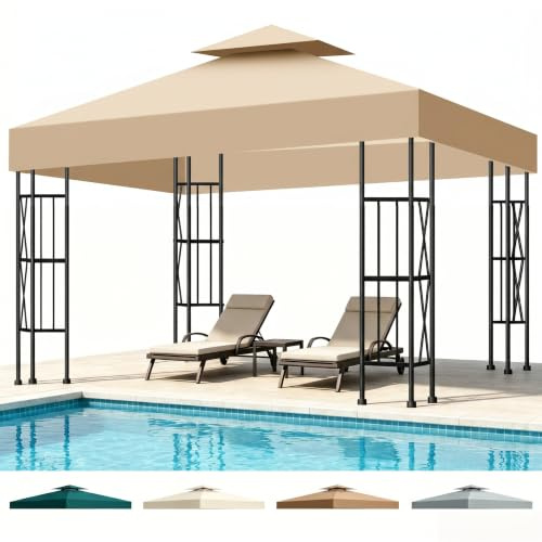 Techo de Repuesto para Cenador 3x3m Doble Toldo Pergola Impermeable y Protección UV, Ventilado Toldo Pergola Cenador para Jardins, Cours, Camping (Caqui)
