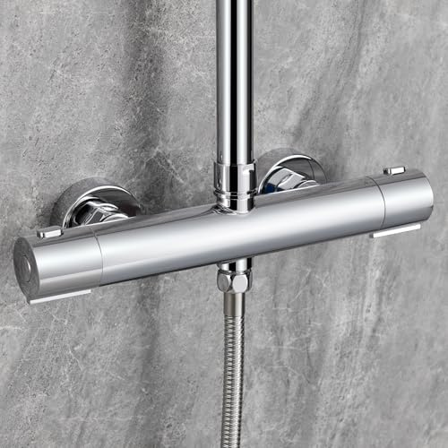 Auralum Grifo Termostático de Ducha, Mezclador de Pared, Cuerpo Frío Antiquemaduras con Botón 38°C, Doble Salida G1/2, Adaptador G3/4, Centros Ajustables 135-165mm, para Columna de Ducha, Cromado