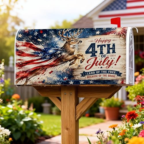 Coperture magnetiche per cassette postali con cervo, bandiera patriottica rustica americana, fuochi d'artificio del 4 luglio, copertura rossa per cassetta delle lettere per decorazione del prato, 53 x