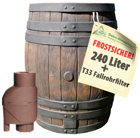Regntunna ekfat 240 l m. Regnsamlare T33, regnflödet med regnfilter för automatisk fyllning, märkbar trästruktur i mycket vacker trädesign, bedrägligt äkta trästruktur