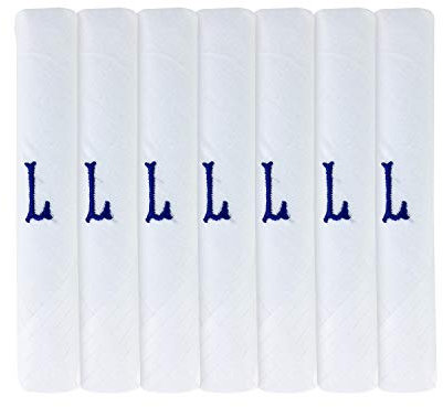 7 Pack of Mens/Gentlemens White Satin Bordered Handkerchiefs with & Black Embroidered Initials, L, One Size