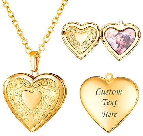 U7 Herz Medaillon Gold Damen Amulett zum Öffnen mit Foto Halskette Blumen Herz Anhänger Heart Locket Necklace Kettenanhänger Modeschmuck für Weihnacht Mädchen Mutter