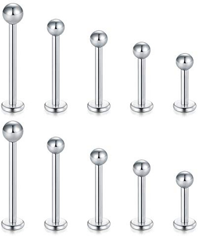 Longita 5 Paar(10 Stück) 16G Chirurgenstahl Lippenpiercing Labret Monroe Ring Tragus Helix Piercings Ohrringe Stud Schmuck 6-14mm-Silber