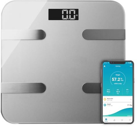 Aquarius 16 in 1 Digital Bathroom Scales with Bluetooth and Smart Technology, Measure BMI, Body Fat, BMR, And More, Max 180kg, 4 Colours - Silver