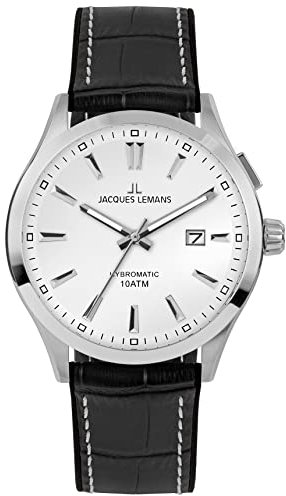 JACQUES LEMANS Herrenuhr, Hybromatic Uhren Männer, Chronograph aus massivem Edelstahl mit Silikon-Leder Armband, Herrenuhr großes Ziffernblatt - Suit for Men, Model 1-2130B, Arm Herrenuhr groß