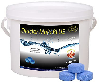 Cloro Piscinas Pequeñas DIACLOR Multi Blue 3 KG - Pastillas de Cloro Multiacción Efecto clarificante (20 gr- Díámetro 3 cm - Color Azul) - Tratamiento Completo 5 Acciones - SIN Cobre