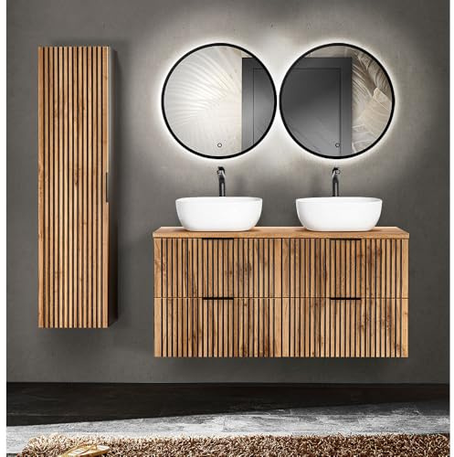 Lomadox Badmöbel Set Front Rillen schwarz Hochschrank Doppelwaschtisch 120 cm Keramik Aufsatzwaschbecken Spiegel Touch Bedienung anthrazit Wotan Eiche Nb.