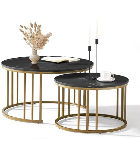 CLIPOP Round Coffee Table for Living Room Modern Nest of Tables Set of 2 with Golden Metal Frame Marble Effect Tabletop, Side Table for Small Space, Black 80 x 80 x 45cm