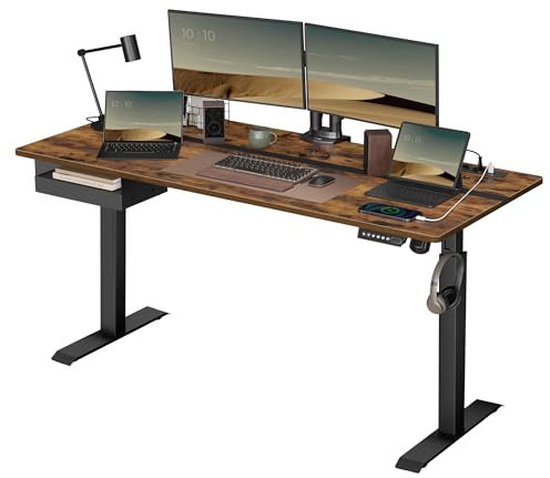 VASAGLE Höhenverstellbarer Schreibtisch elektrisch, 160 x 70 cm Tischoberfläche, Memory-Funktion mit 4 Höhen, mit Steckdosen und Stoffschublade, vintagebraun-tintenschwarz LSD116X01