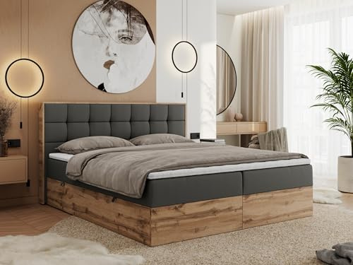 MKS MEBLE Boxspringbett Albero 1-180x200 cm mit Bettkasten, Kontinentalbett/Doppelbett, 2X 7-Zonen Taschenfederkern-Matratze H3, Topper T25, Kopfteil, Dunkelgrau Kunstleder Holzoptik Wotan Eiche