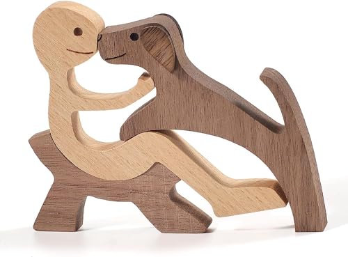 Lnjya Handgemachte Holzstatuen | Holzfiguren der Hundefamilie | EIN warmes Geschenk für Hundeliebhaber | Niedlicher Welpe Ornament Figur Statue Skulptur(A - Mann/Hund)