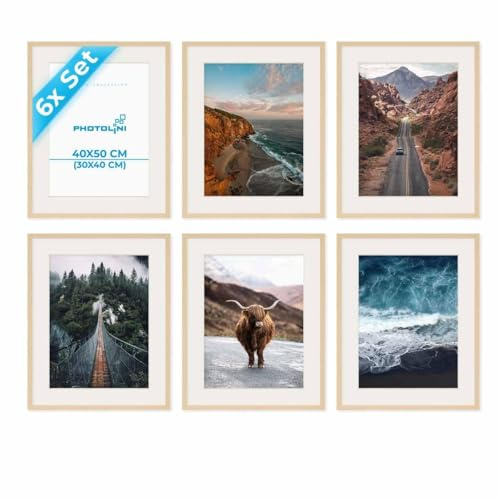 PHOTOLINI Bilderrahmen 40x50 Holz MDF Natur, 6er Set Bilderrahmen 50x40 mit Passepartout, bruchsicheres Acrylglas, Rahmen 40x50 zum Aufhängen mit Zubehör - picture frames für Fotos & Poster