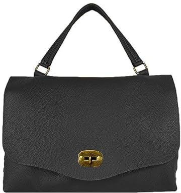 FrasiBags Postina Tasche aus Leder, Schultertasche mit seitlichen Nieten, Damentasche mit Klappe, Ledertasche für Damen, hergestellt in Italien, Schwarz , 39x24x18