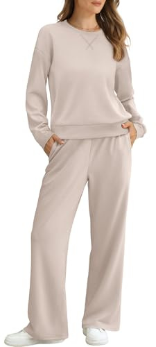 Saloogoe Lounge Sets for Women 2 Piece Sweatsuits Travel Outfits Fall Crewneck Sweatshirts Wide Leg Sweatpants Matching Sets, D-khaki, L