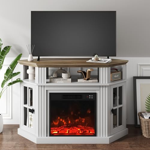 YESHOMY Soporte esquinero para TV de hasta 55 pulgadas con armarios de almacenamiento, centro de entretenimiento, consola multimedia para sala de estar, dormitorio, blanco y rústico